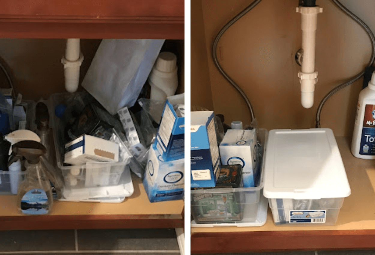 before and after of under the bathroom sick cabinet organization