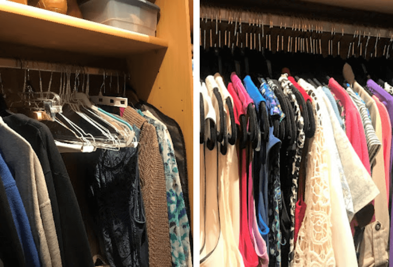 before and after of closet organization. clothes on hangers
