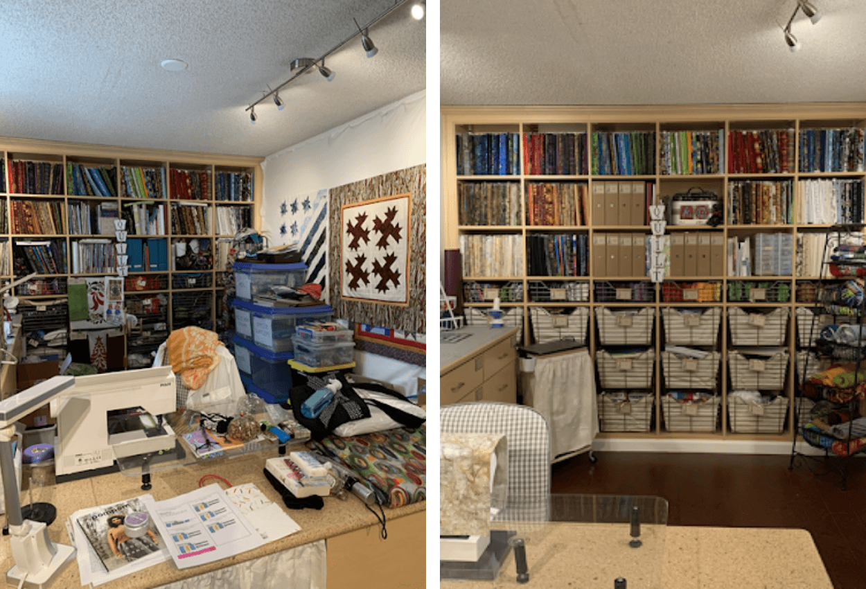 before and after of quilt room organization
