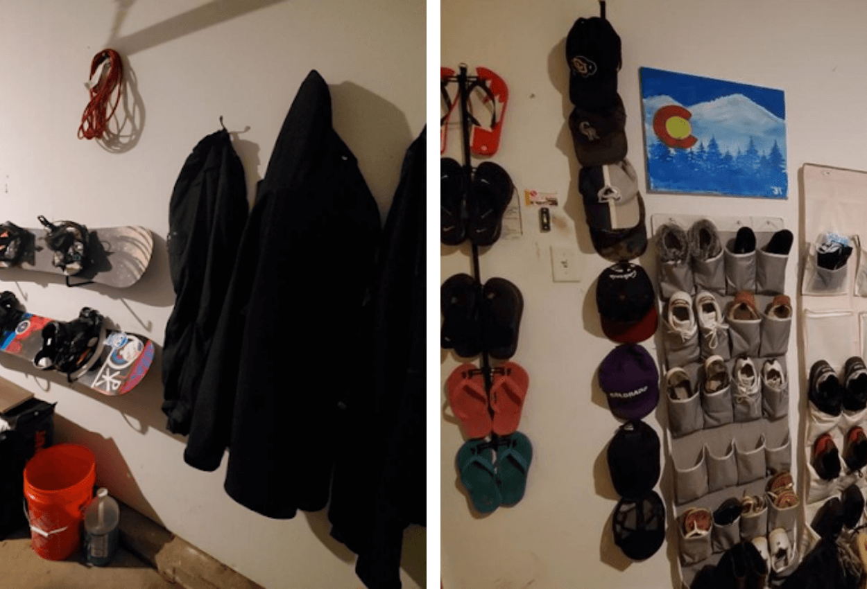 winter gear, hats, and shoes organized on garage wall