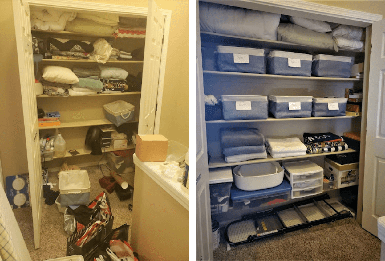 before and after of linen closet organization