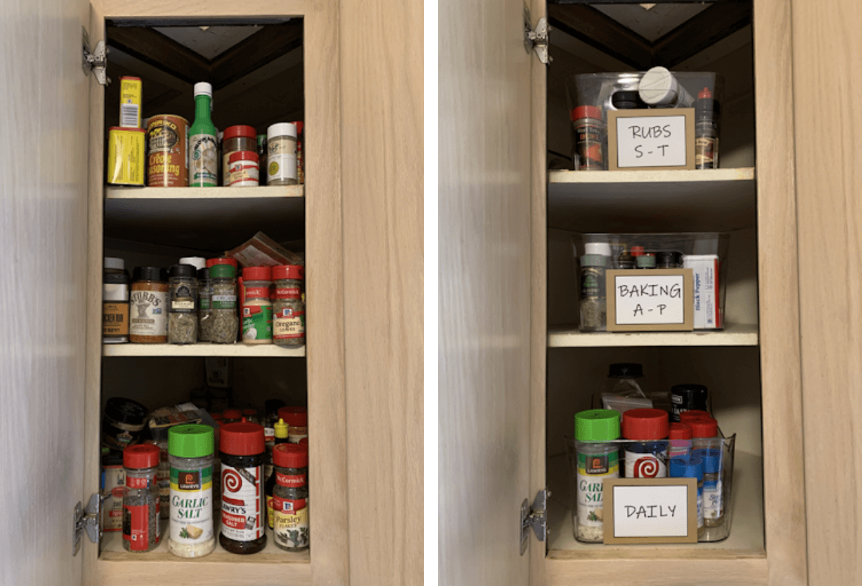 before and after of spice cabinet organization
