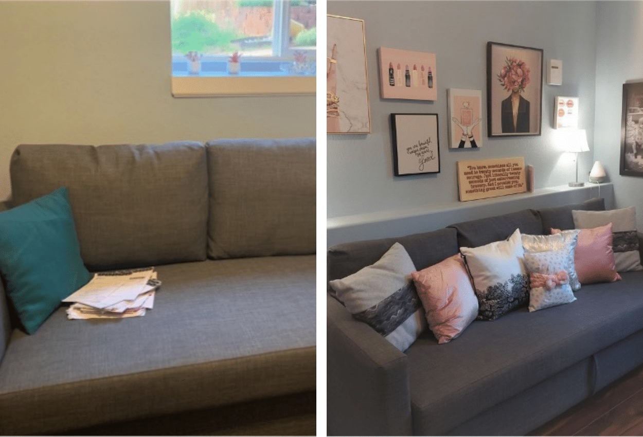 cluttered couch before and after